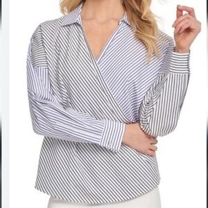 DKNY Striped Faux Wrap Long Sleeeve Top size Small